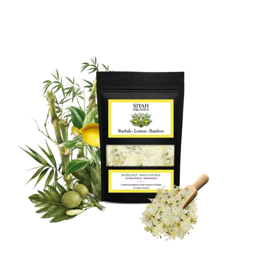 Natural Baobab Lemon Bamboo Bath Salt with herbal ingredients and wooden scoop