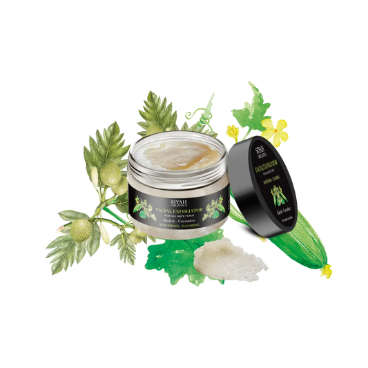 Natural facial exfoliator with baobab and cucumber for soothing, calming skincare