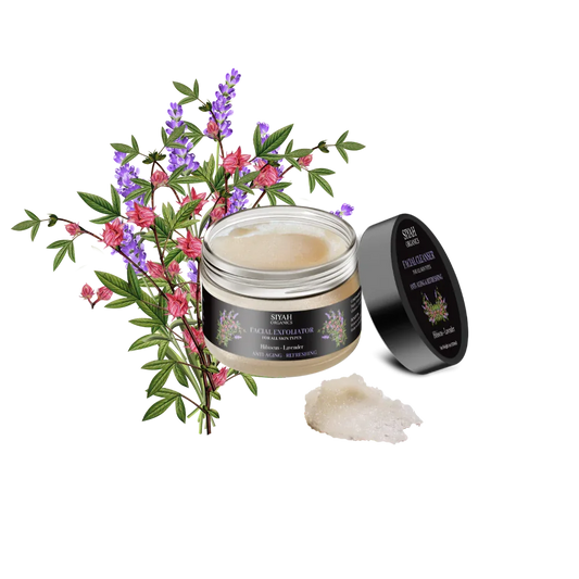 Natural facial exfoliator with hibiscus and lavender, anti-aging skincare product
