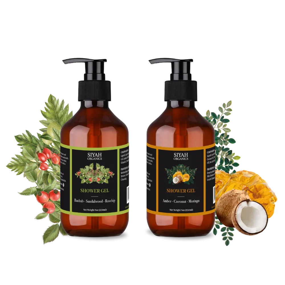 Natural shower gel bottles with botanicals, featuring Baobab-Sandalwood-Rosehip and Amber-Coconut-Moringa scents