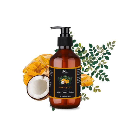 Natural amber coconut moringa shower gel with organic ingredients for radiant skin